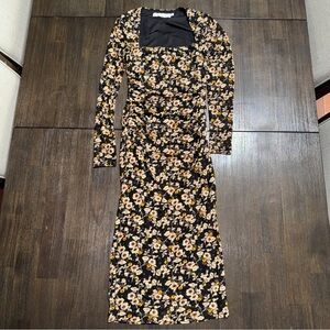 ASTR Hyacinth Square Neck Midi Dress | Romantic Cottagecore Black,Yellow Gold XS